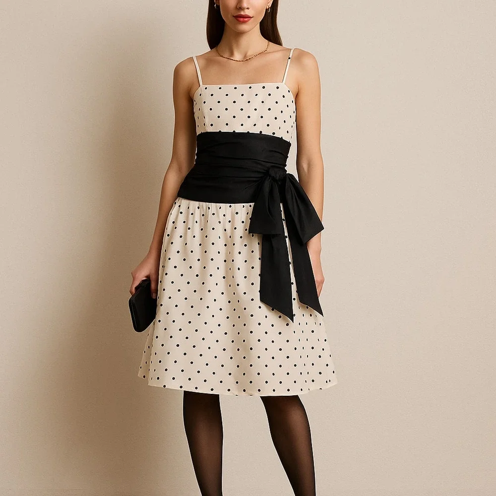 Polka Dot Taffeta Cocktail Dress 4 Vintage 80s/90s Holiday Party Black White y2k